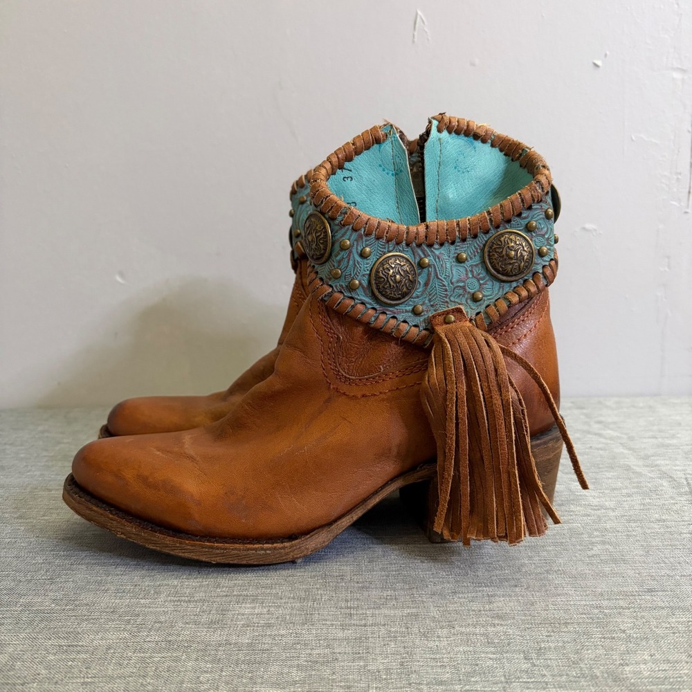 Corral Ankle Boots Women 5.5 Tan Turquoise A3196 Fringe Concho Western Booties
